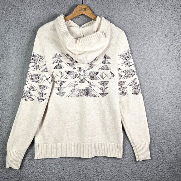 American Eagle Hoodie Sweater M Aztec Tribal Knit Pullover Soft Boho Cream Cozy - Picture 2 of 12